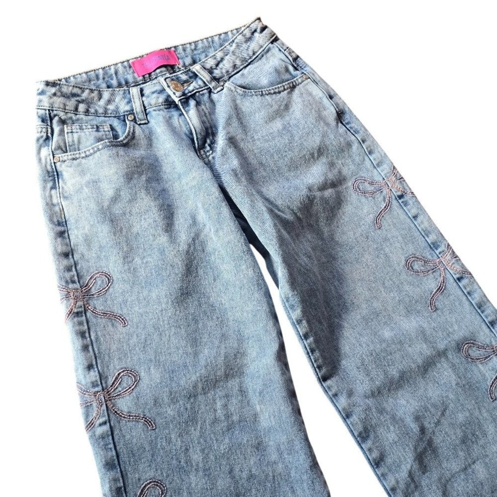 Telepatia Wide‎ Leg Jeans Women 0/24 Light Blue Pink Bow Coquette Balletcore Y2K